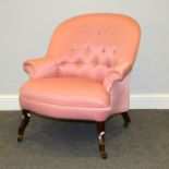 Small Edwardian hoop-back armchair, button silk upholstery, stained legs, width 69cm.