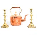 A Corinthian column brass table lamp 40cm high, copper kettle, old carriage lamp, an Aug.