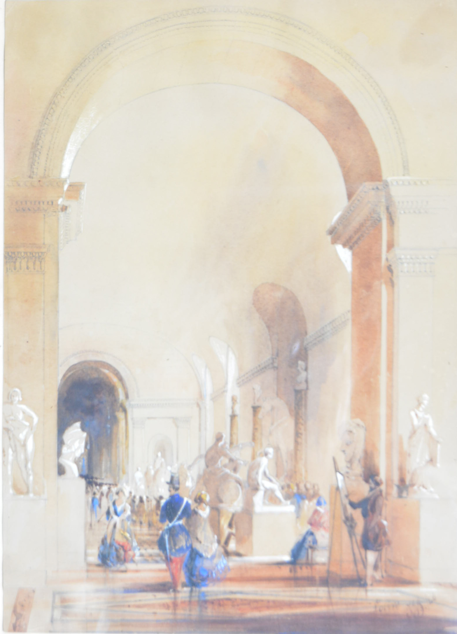 F.J.J., Statue Gallery The Louvre, initialled and dated '46, watercolour, 33.5 x 24cm.