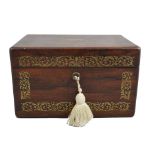 Victorian rosewood jewellery box, brass inlay borders, hinged lid and secret drawer, 28 x 20 x 17cm.