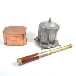 A copper caddy, pair of cased Dolland binoculars,