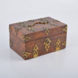 Victorian walnut jewellery box, brass mounts, leather and velvet interior,