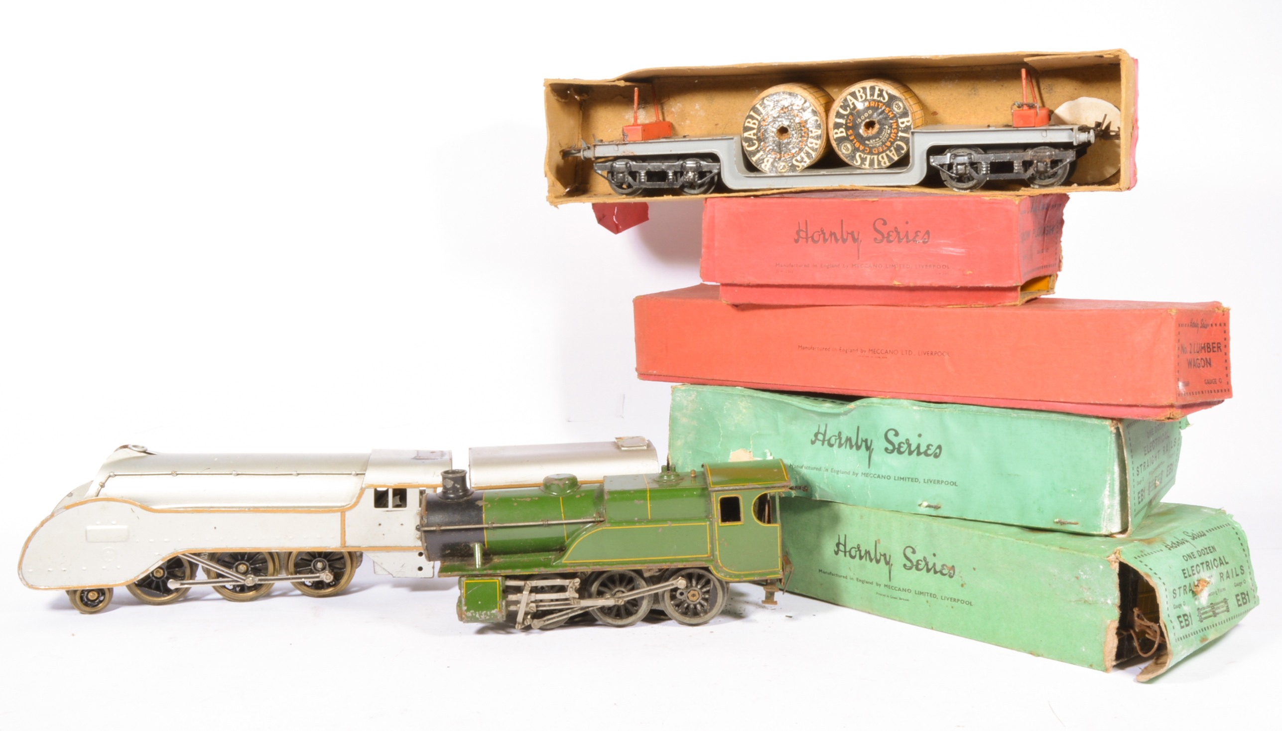 0 gauge collection to include Hornby wagons, track, locomotive (a/f), spare parts, signal,