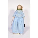 Wax head fashion doll, possibly German, made c1900, with outfit and stand, 44cm tall,