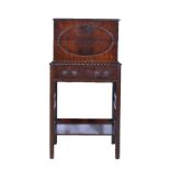 Mahogany gramophone cabinet on stand, hinged lid, drawer under, the moulded legs joined by a shelf,