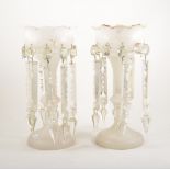 Pair of Victorian frosted glass lustres, traces of gilt banding, 32cm.