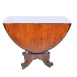 Rosewood pedestal table, English, circa 1815, oval top with moulded edge, two fall leaves,