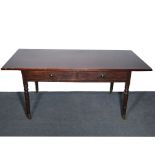 Victorian mahogany library table, replaced rectangular teak top, four frieze drawers,