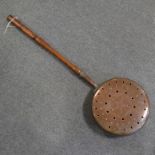 19th Century copper warming pan with pierced hinged lid, turned oak handle.