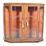 Glass fronted china cabinet, oak effect leaded glass doors, W117cm x D32cm x H105cm.