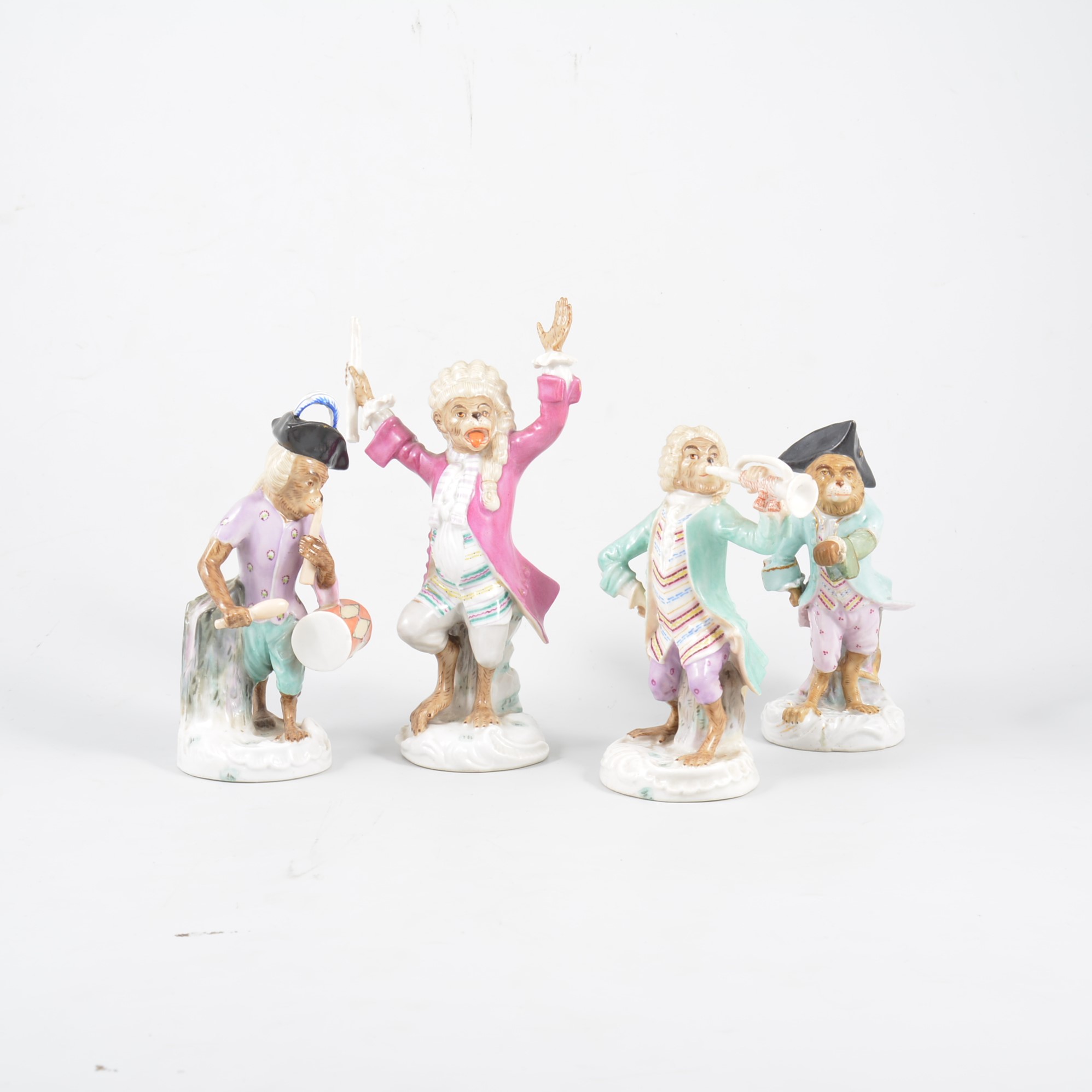 Collection of Continental porcelain monkey band figures, including Conductor, 14cm, (13).