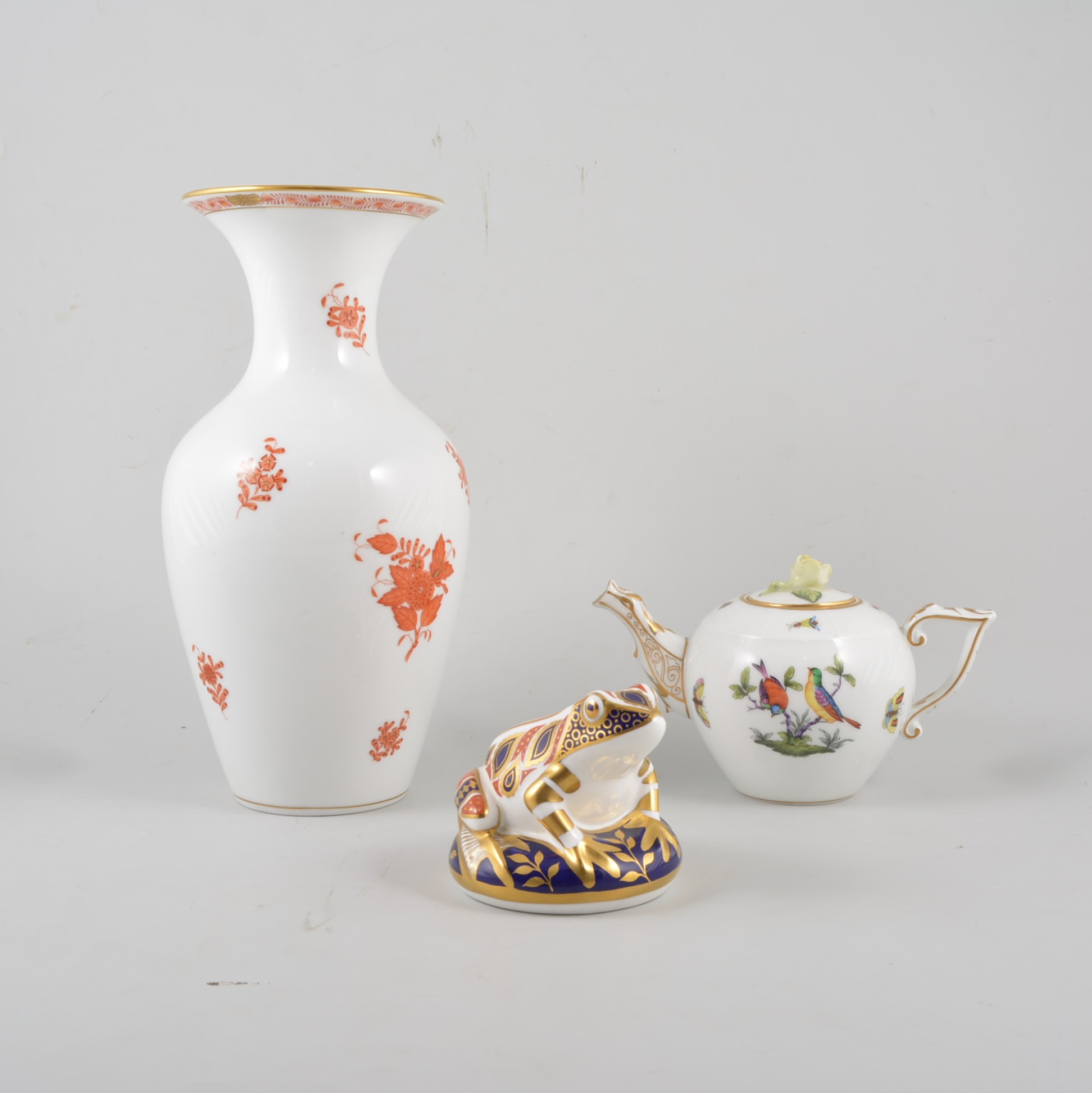Herend teapot, painted with birds and insects, vase, dishes,