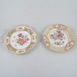 Pair of Dresden cabinet plates, reticulated outlines, painted with flowers,
