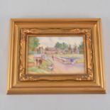 Worcester plaque, Village scene, signed E R Booth, 10 x 14cm framed.