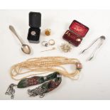 Pair of cufflinks; stick pin; 9ct dress ring; cameo ring and pin; Miser's purse; Persian teaspoon;