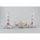 Pair of Continental porcelain candlesticks, encrusted with roses, 22cm,