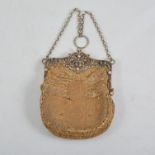 An antique evening bag, yellow fabric to one side and metal thread to other with sequins,