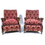 Mahogany framed Bergere suite, patterned burgundy coloured upholstery,