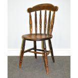 Stained beechwood kitchen chair, bar back, turned spindles, circular seat,