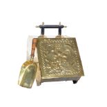 Brass slope front coal box, hand sprayer, brass and copper.