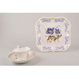 English porcelain square shaped dessert dish, circa 1820, decorated with floral spray,