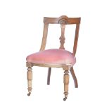 Victorian stained walnut dining chair, carved cresting, pink dralon upholstery, 87cm.