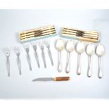 Quantity of plated cutlery, beaded outline with ancillary knives, fish servers, etc.