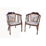 Pair of Edwardian stained wood and upholstered tub chairs, width 54cm, and two similar tub chairs.