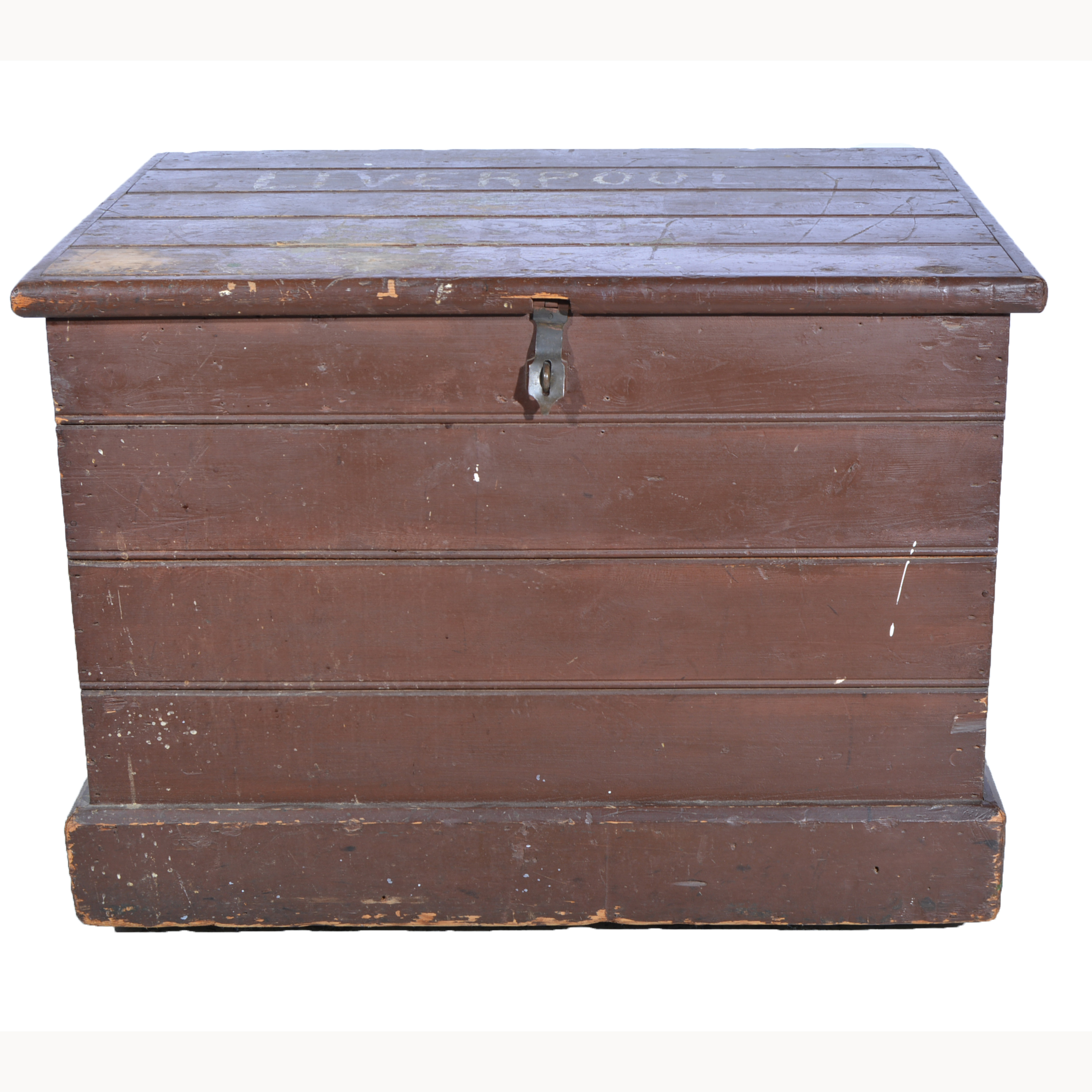 Large stained pine cabin trunk, top painted Liverpool, W96cm x D71cm x H71cm.