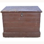 Large stained pine cabin trunk, top painted Liverpool, W96cm x D71cm x H71cm.