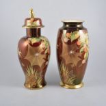 Carlton Ware, Rouge Royale Spiders Web, vase and lidded jar.