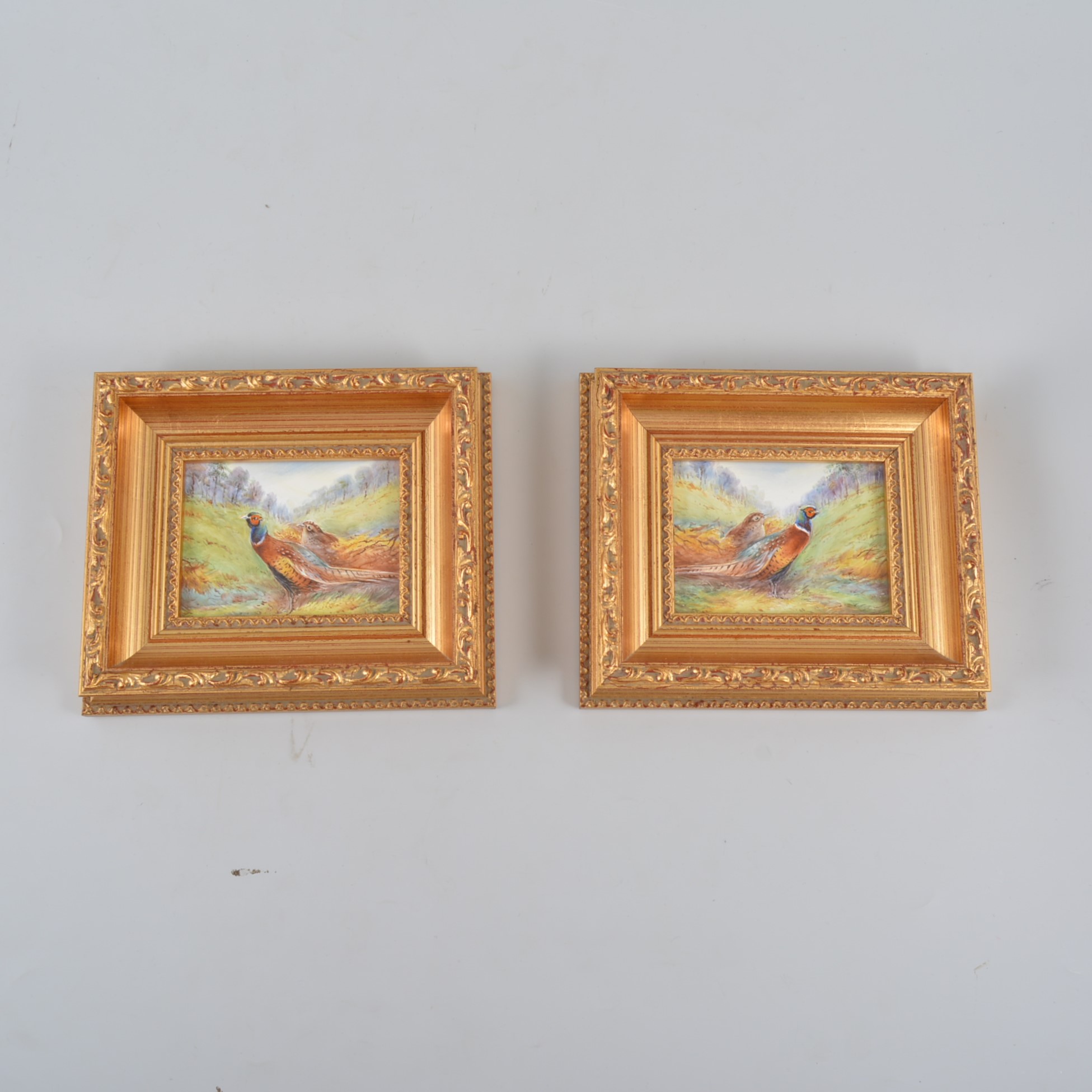 Pair wall plaques, pheasants, hand-painted, 7 x 9cm framed.