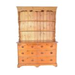 Victorian pine dresser, two shelf back, six drawers, bracket feet, 142cm, 53cm, 210cm.