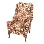 Wing back easy chair, upholstered in peony tree brocade,