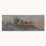 Victorian School, landscape with cottage by a lake, watercolour, apparently unsigned, 18cm x 48cm.