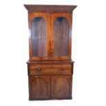 Victorian mahogany secretaire cabinet, double-glazed doors above a deep pull-out desk drawer,