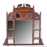 Victorian walnut overmantel, turned supports, shelves and mirror, 112 x 112cm.