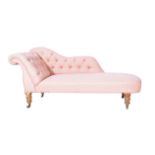 Victorian chaise longue, buttoned salmon pink upholstery on turned oak supports on castors,