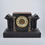 Victorian presentation black slate mantel clock, lacking pediment piece, ivorine chapter ring,