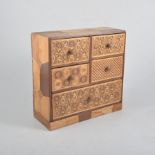 Japanese parquetry work table cabinet, fitted with five drawers, width 24cm,