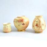 Two pieces of Royal Worcester blush ivory a bulbous pot pourri vase (missing cover) with floral