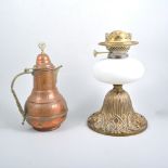 Two oil lamps, jam pan, fire irons and other metalware.