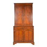 Reproduction yew wood effect bookcase, dentil moulded cornice, plain frieze,