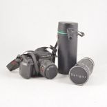 Collection of cameras and equipment, including Kodak folding camera,