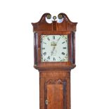 Oak and mahogany longcase clock, swan-neck pediment, square painted dial, floral spandrels,