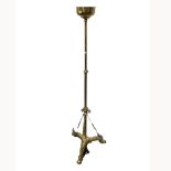 A brass oil lamp stand converted to electricity, 149cm high on tripod base.