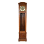 Edwardian oak longcase clock, glazed door, square brass and part silvered dial,