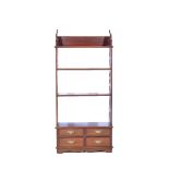 Victorian style open bookcase, fretted sides, drawer base, W52cm x D17cm x H112cm,