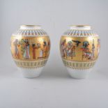 A pair of Kaiser Theben vases, portraying scenes from the days of the Pharaoh Tutankhamen,