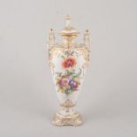 Dresden urn shaped vase and cover, twin-handles, painted floral decoration, 29cm.